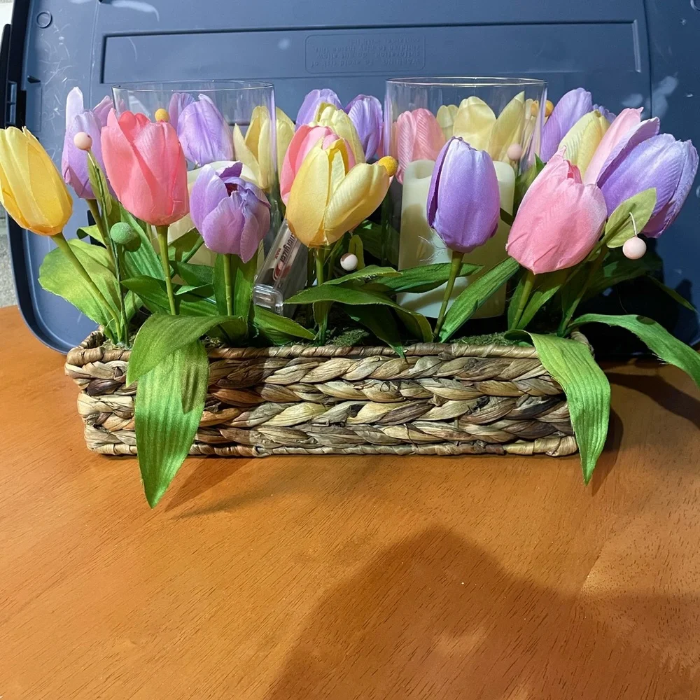 Woven Basket with Multicolor Tulip Arrangement